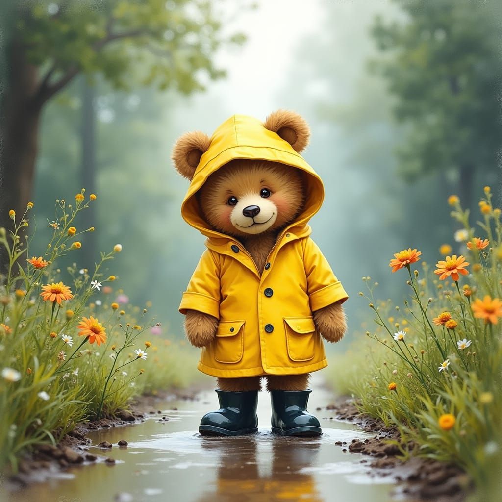 Whimsical Rainy Day Bear in Beatrix Potter Style