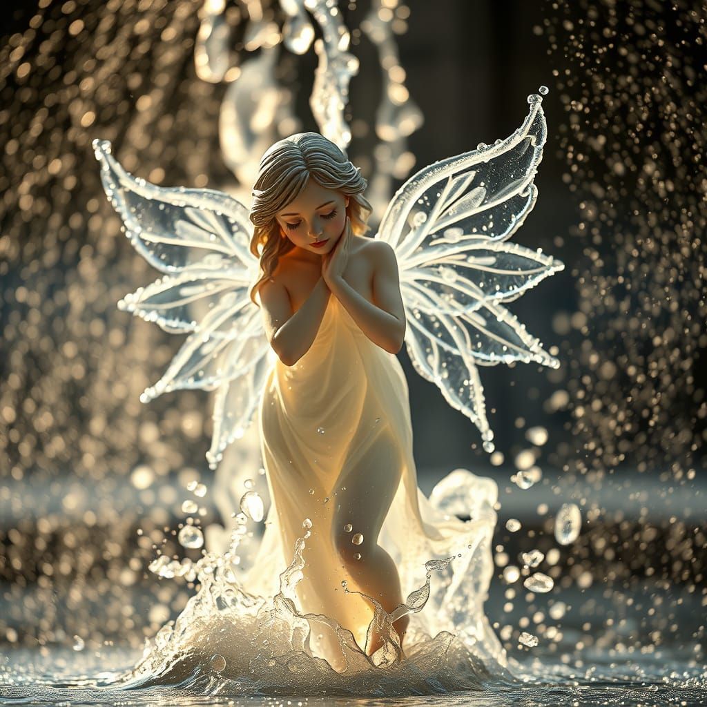 Angel in Shimmering Water Droplets