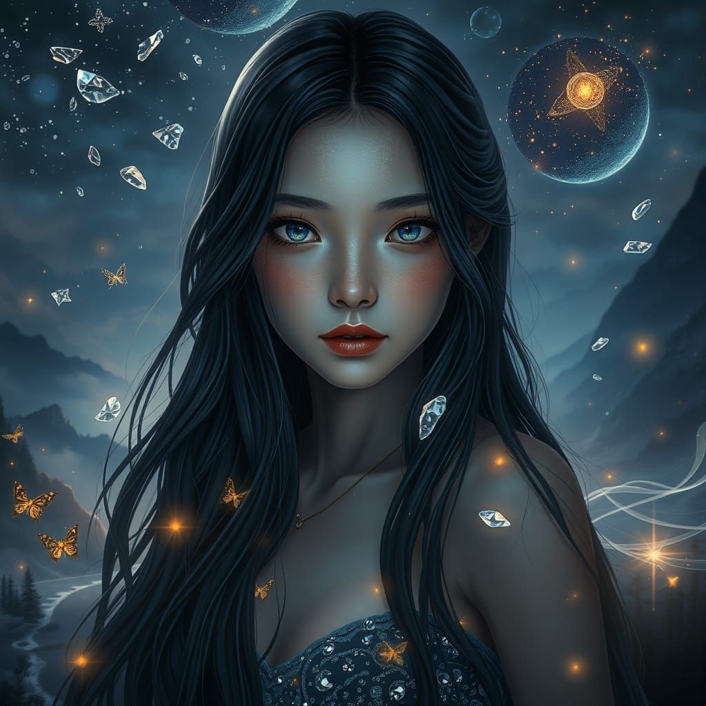 Surreal Nightscape Portrait of Woman with Glowing Hair