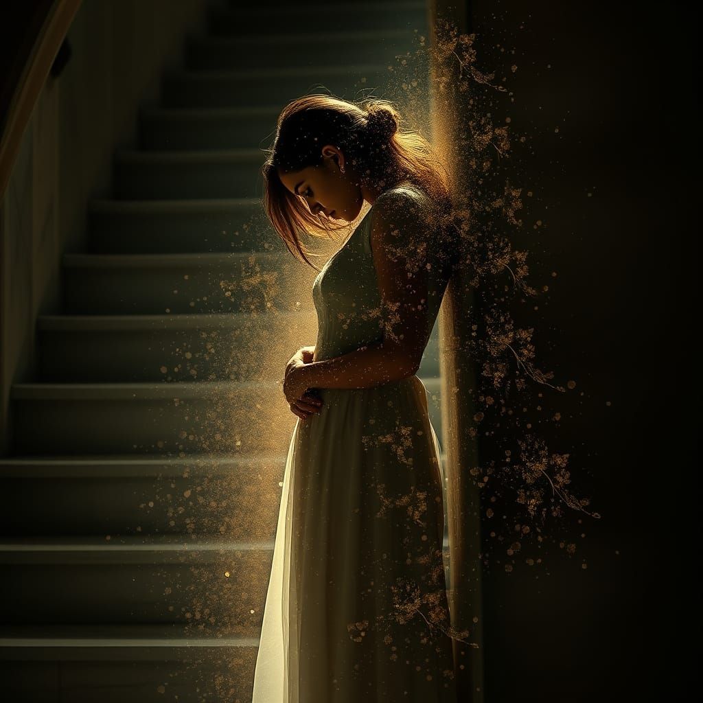 Woman in Despairing Landscape of Crumbling Glass and Misty L...