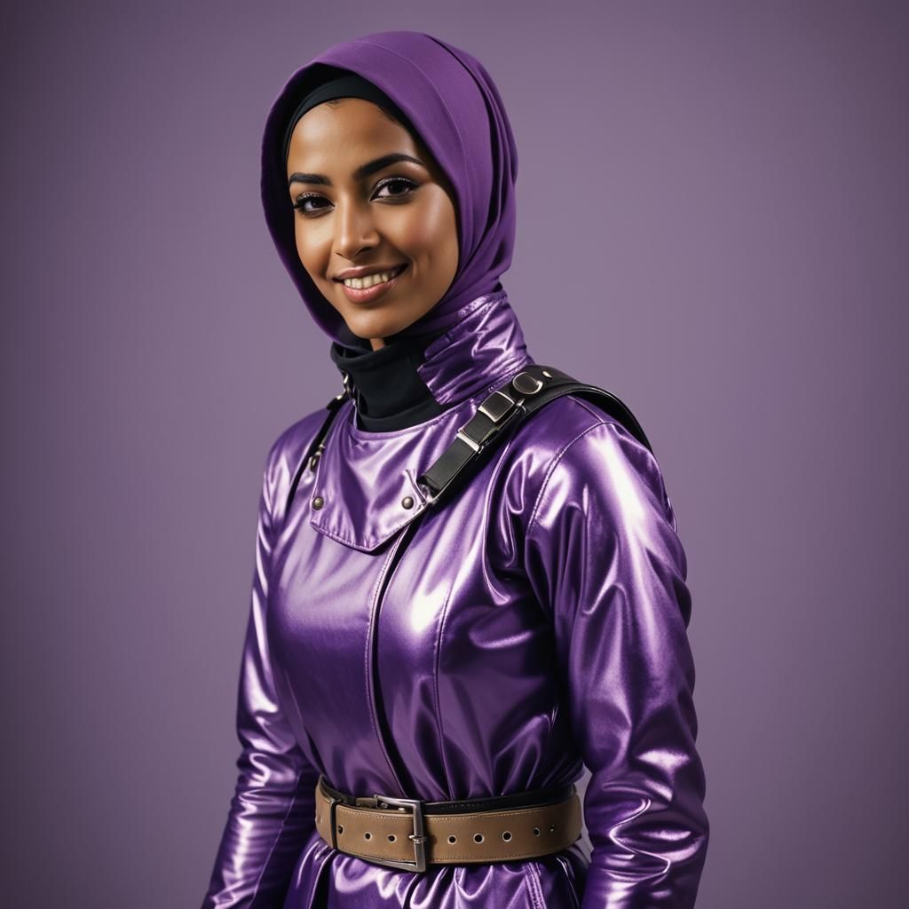 happy african girl in a shiny purple jacket, wearing modernizing middle eastern fashion.