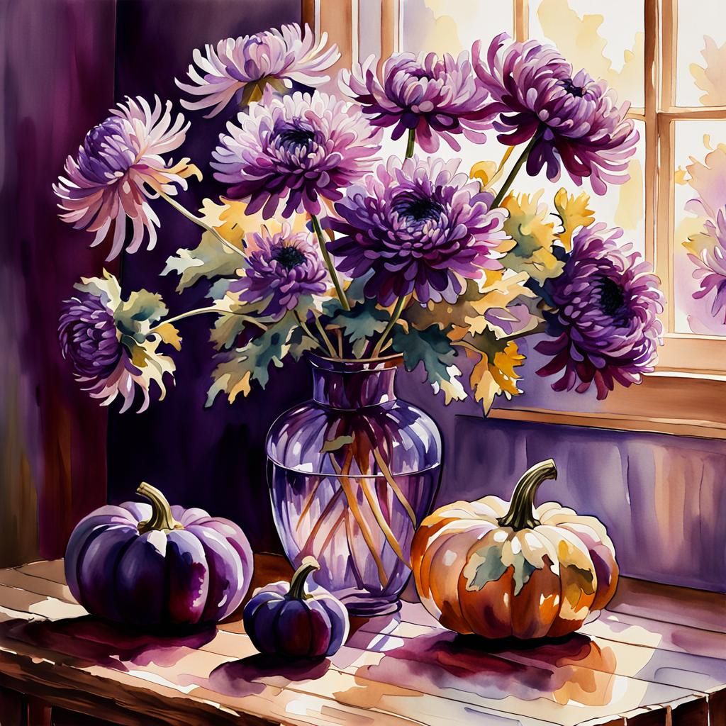 Chrysanthemums and Pumpkins Still Life in Watercolor