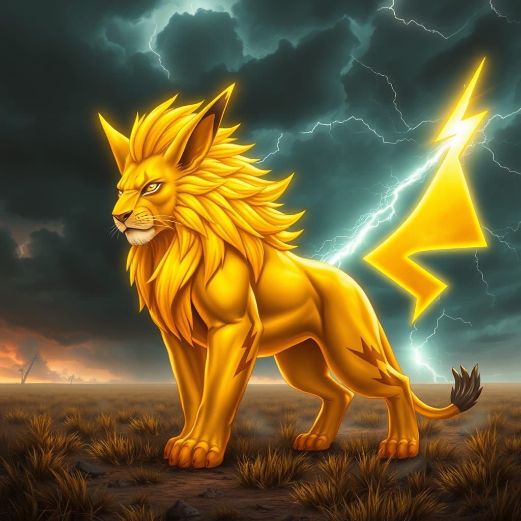 Majestic Lion-Pikachu Hybrid in Dark Fantasy Style