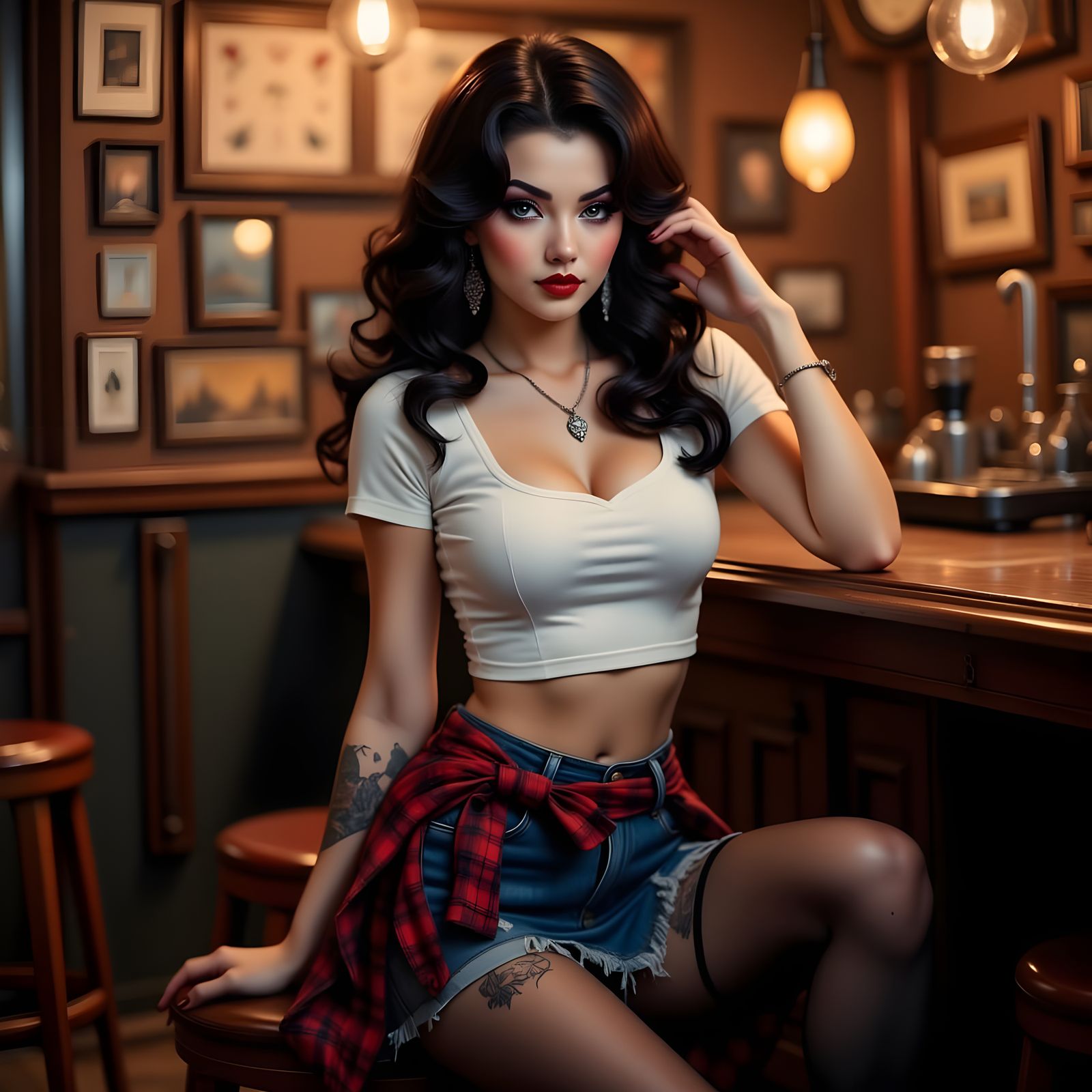 Sultry Brunette Pinup in Woodsy Dive Bar