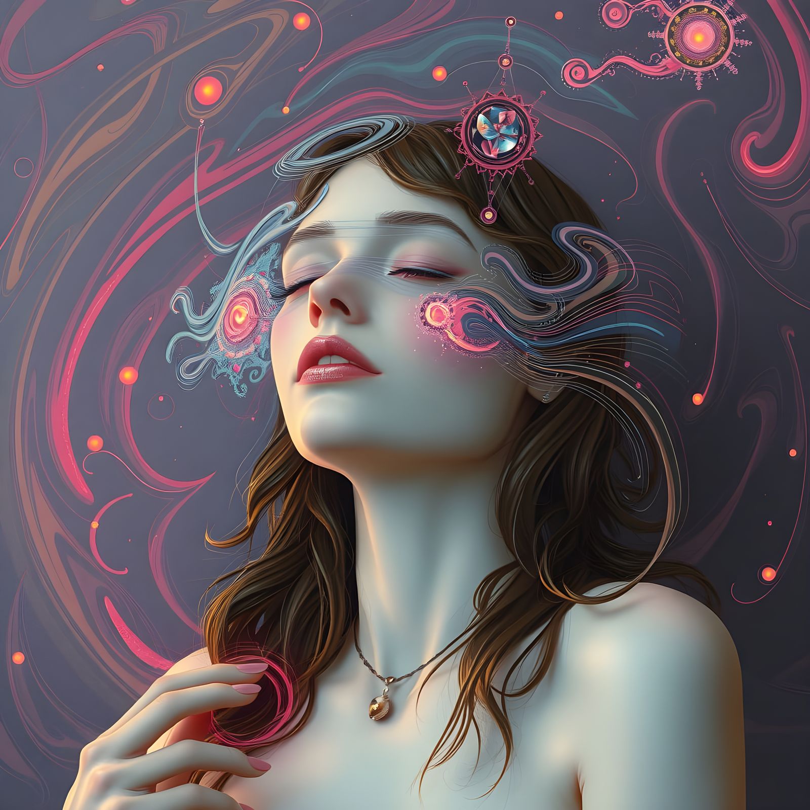 Woman Hypnotized by AI Girlfriend in Surreal Style