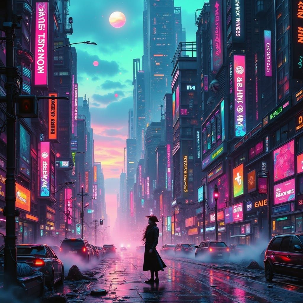Cyberpunk Fae Amidst a Futuristic Cityscape