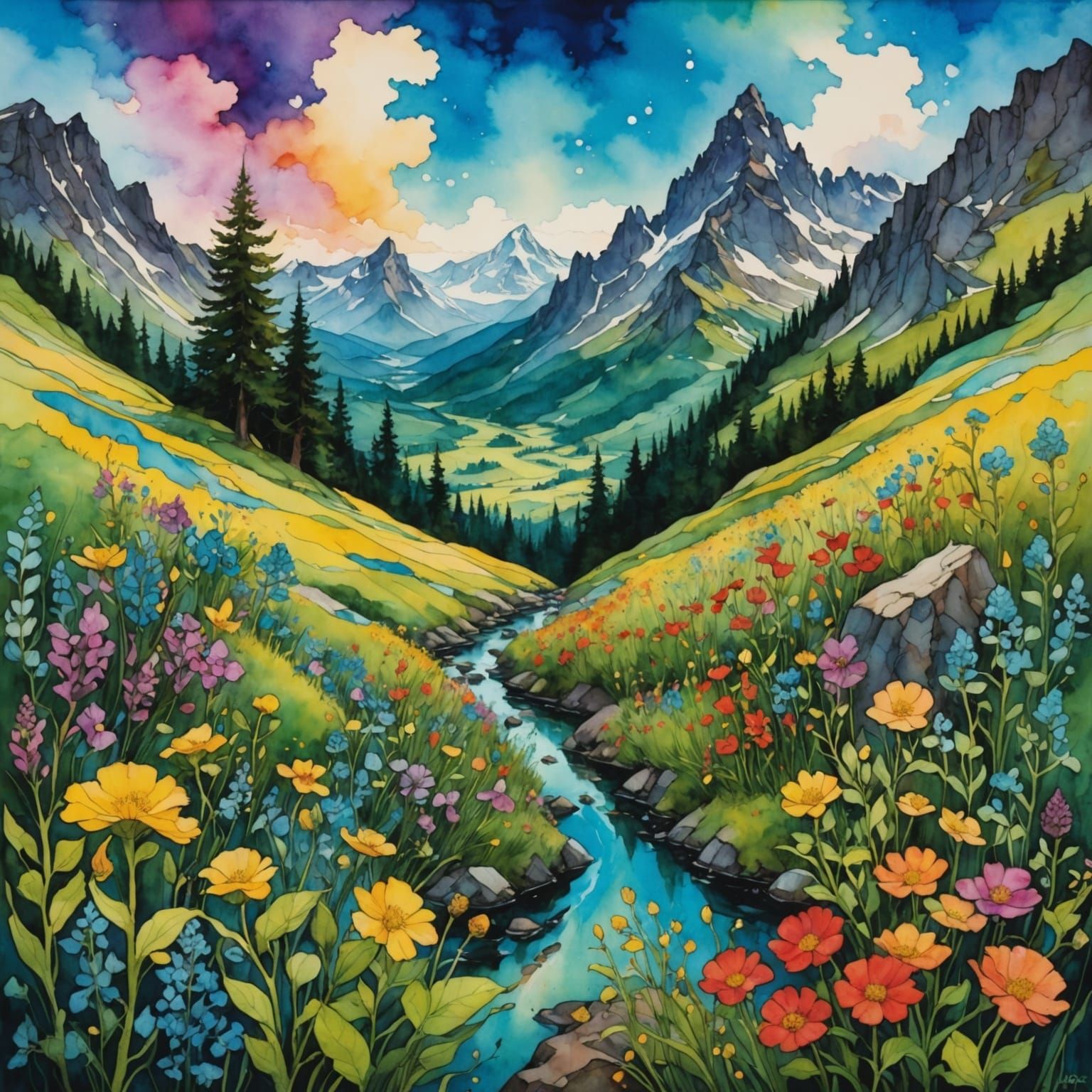 Fantasy Wildflowers in Mountains, Studio Ghibli Style