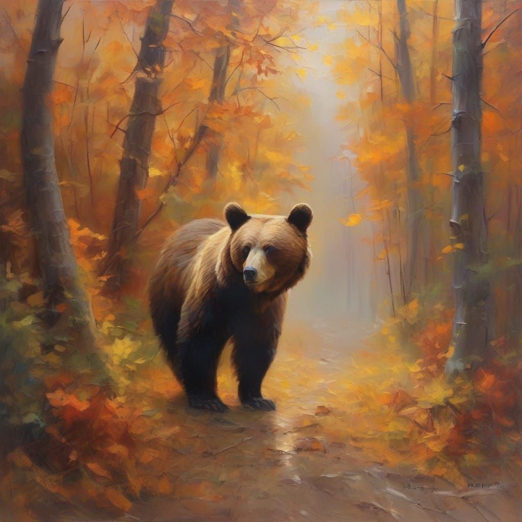 Bear in Vibrant Autumn Forest Landscape