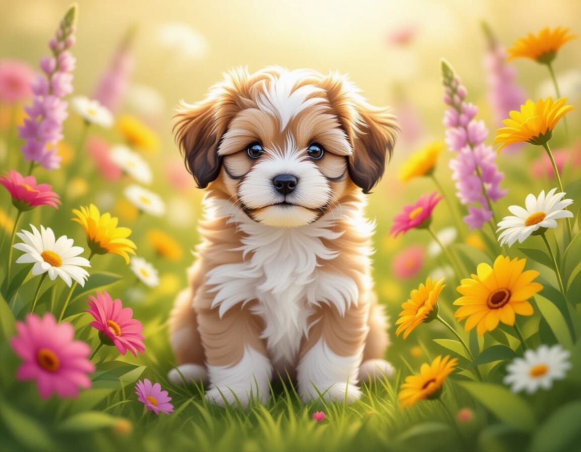 Zuchon Puppy in Spring Flower Garden Illustration