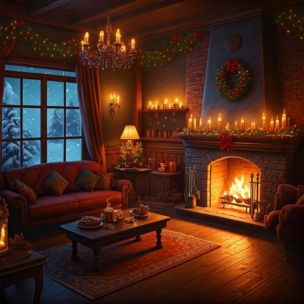Joyful Winter Gathering in a Festive, Golden-Hued Room