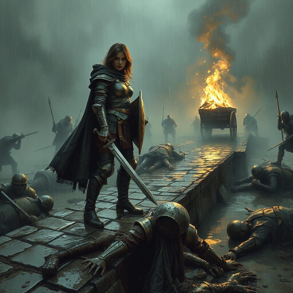 Dark Fantasy Soldier's Last Stand on Bridge