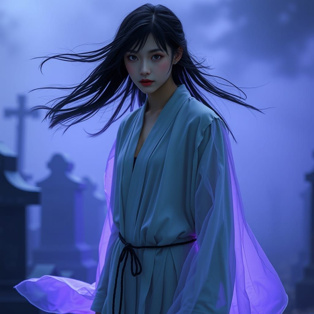 Ethereal Japanese Ghost in Misty Cemetery