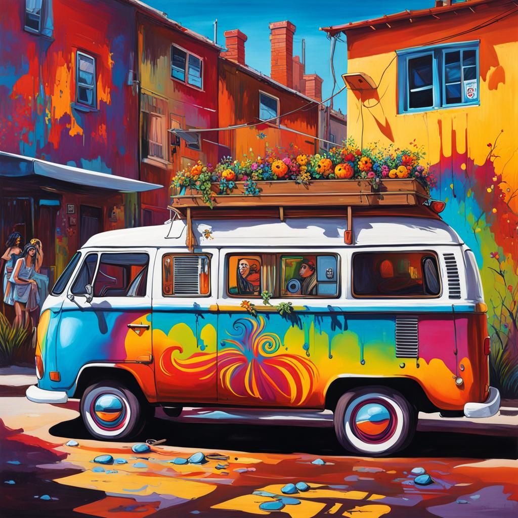 Hippies and VW Van in Graffiti Street Art