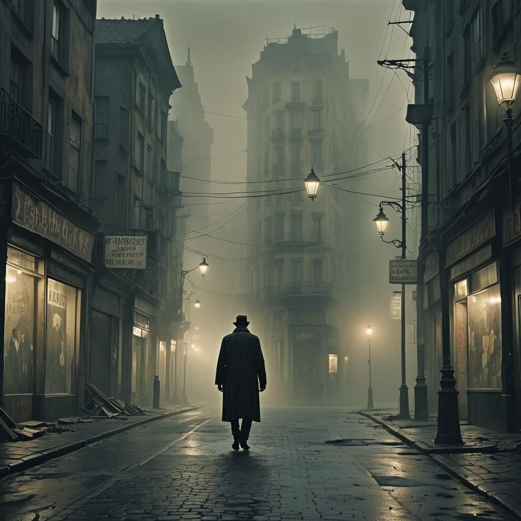 Eerie Noir: Figure in Foggy Street Scene