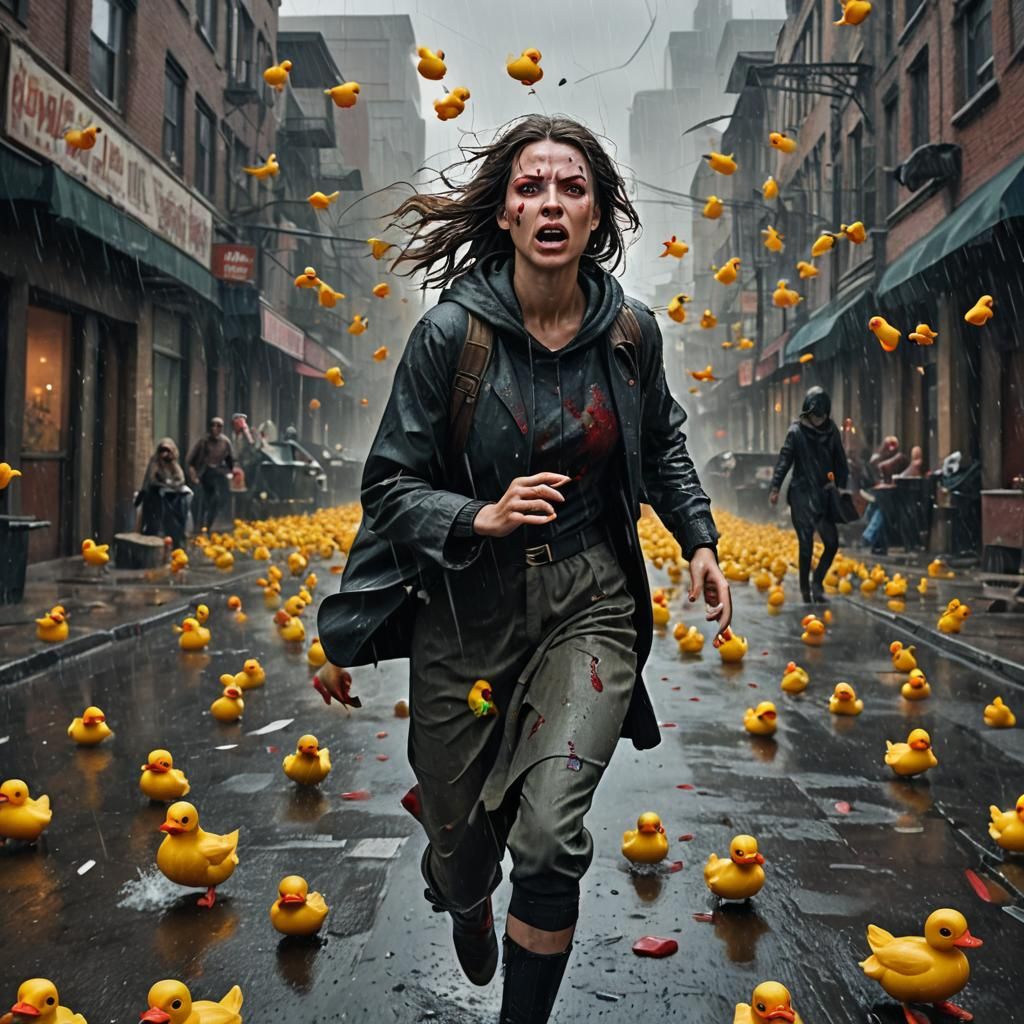 Woman Fleeing Evil Rubber Ducks in Dark Fantasy Art