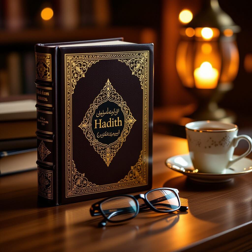 Elegant Hadith Book on Wooden Desk with Warm Lighting