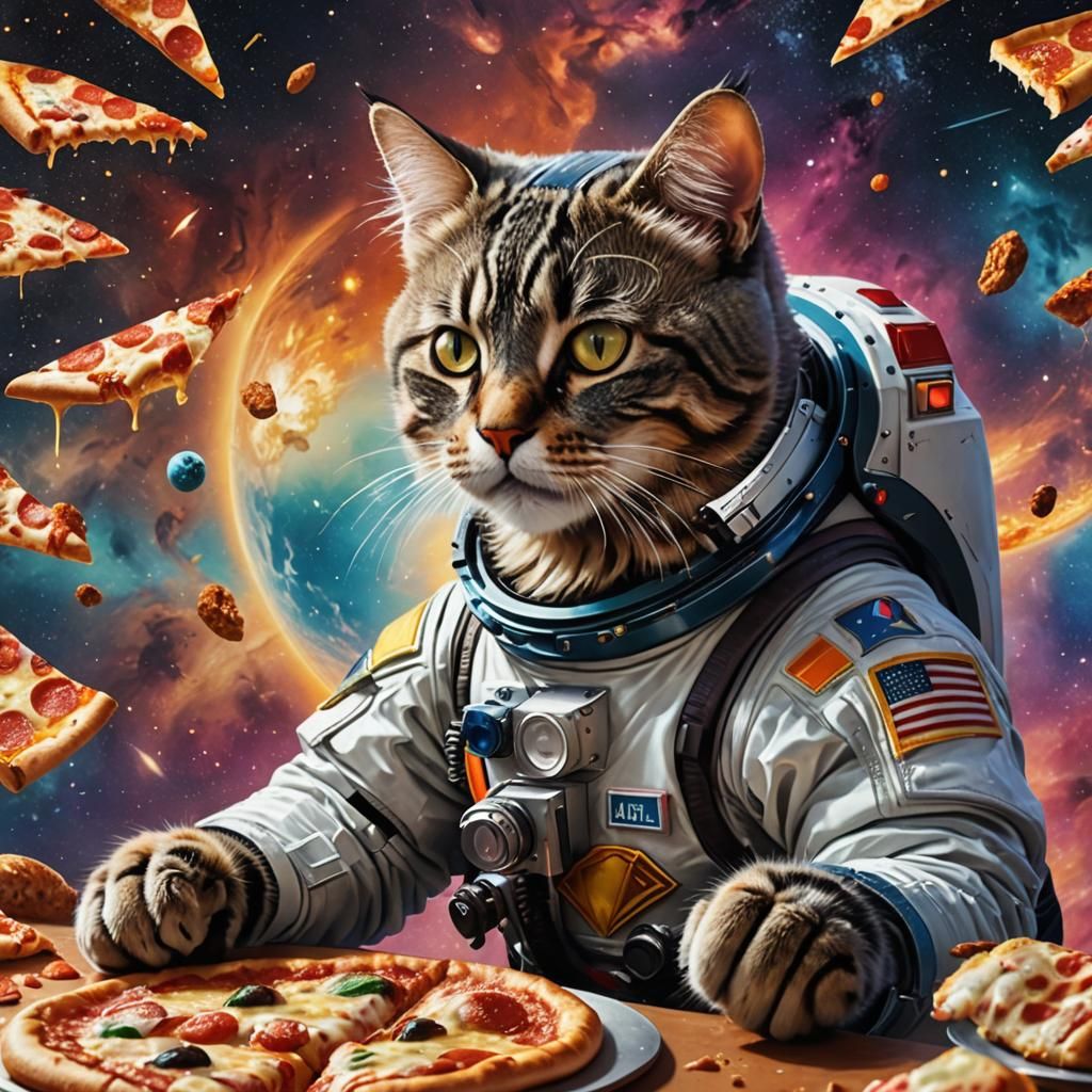 Cat Astronaut Enjoys Pizza: Hyperrealistic Splash Art