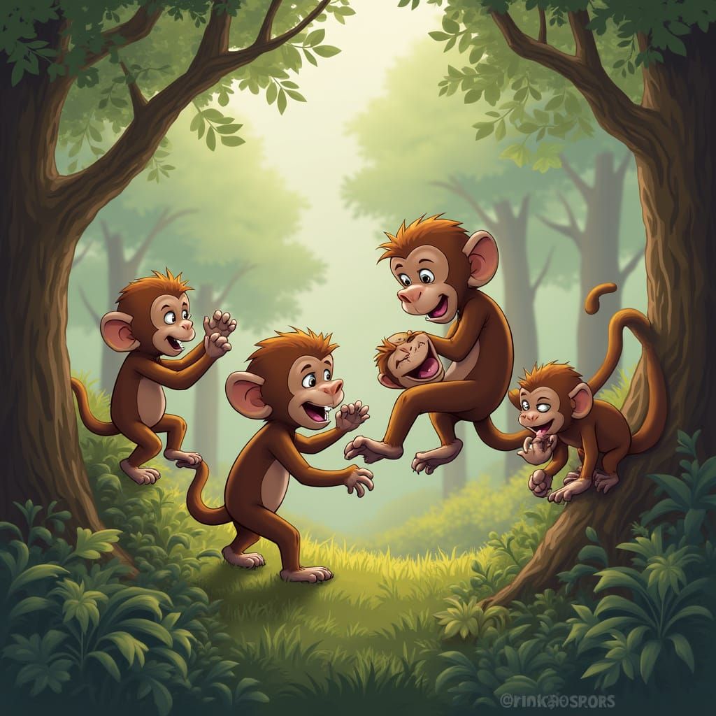 Monkeys Playing Peacefully in the Forest