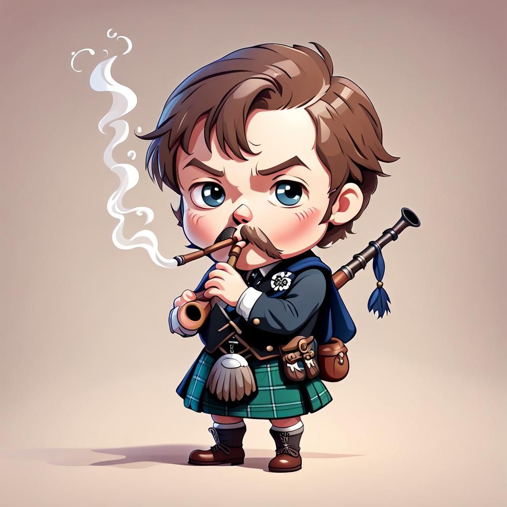 Chibi Scottish Man Playing Bagpipes