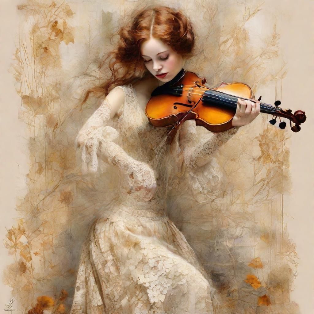 Woman Playing Fiddle in Rossetti Style
