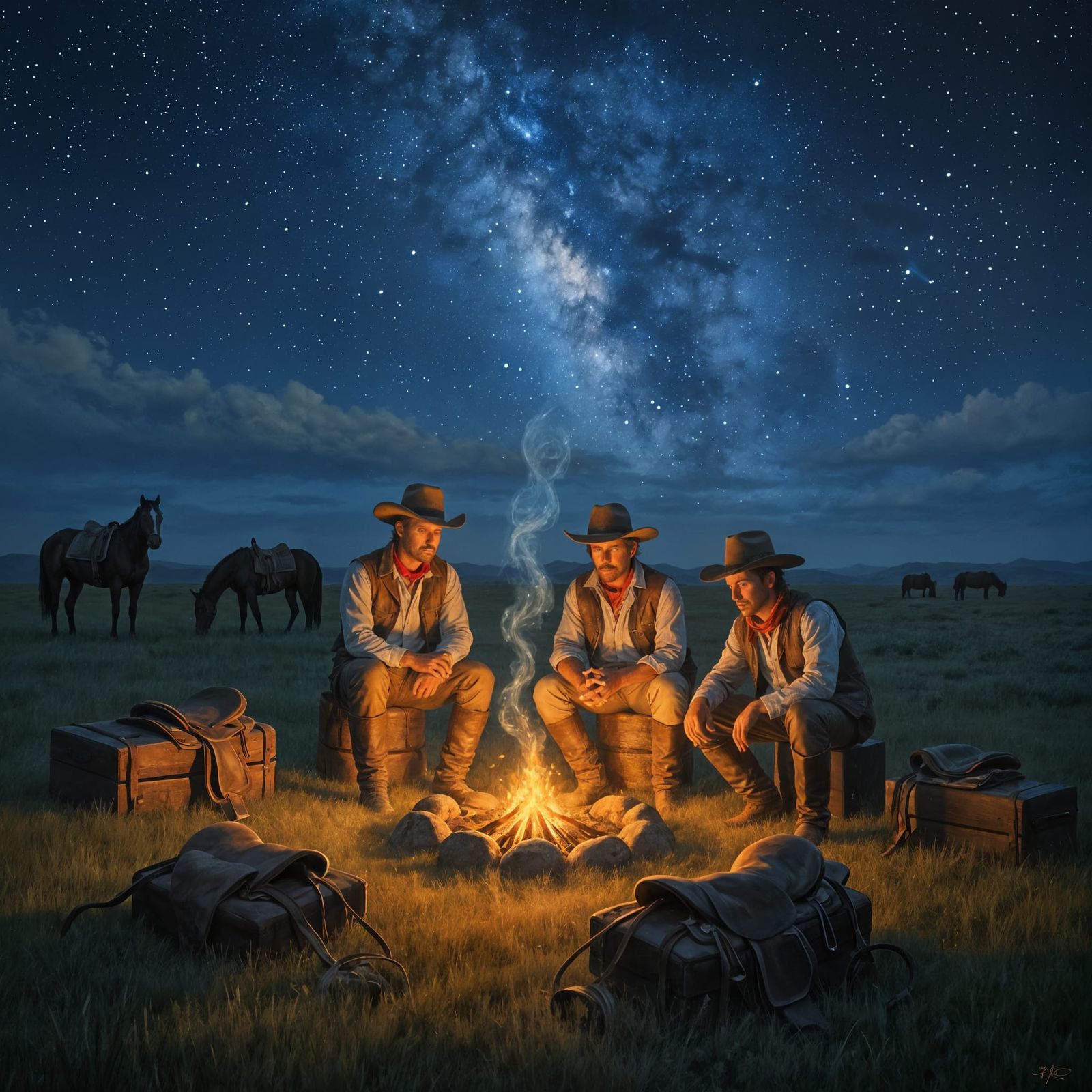 Cowboys Around Campfire Under Starry Night Sky