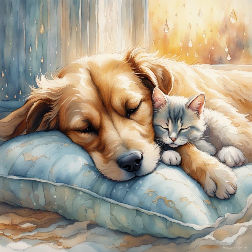 Whimsical Watercolour Scene with Sleeping Pets