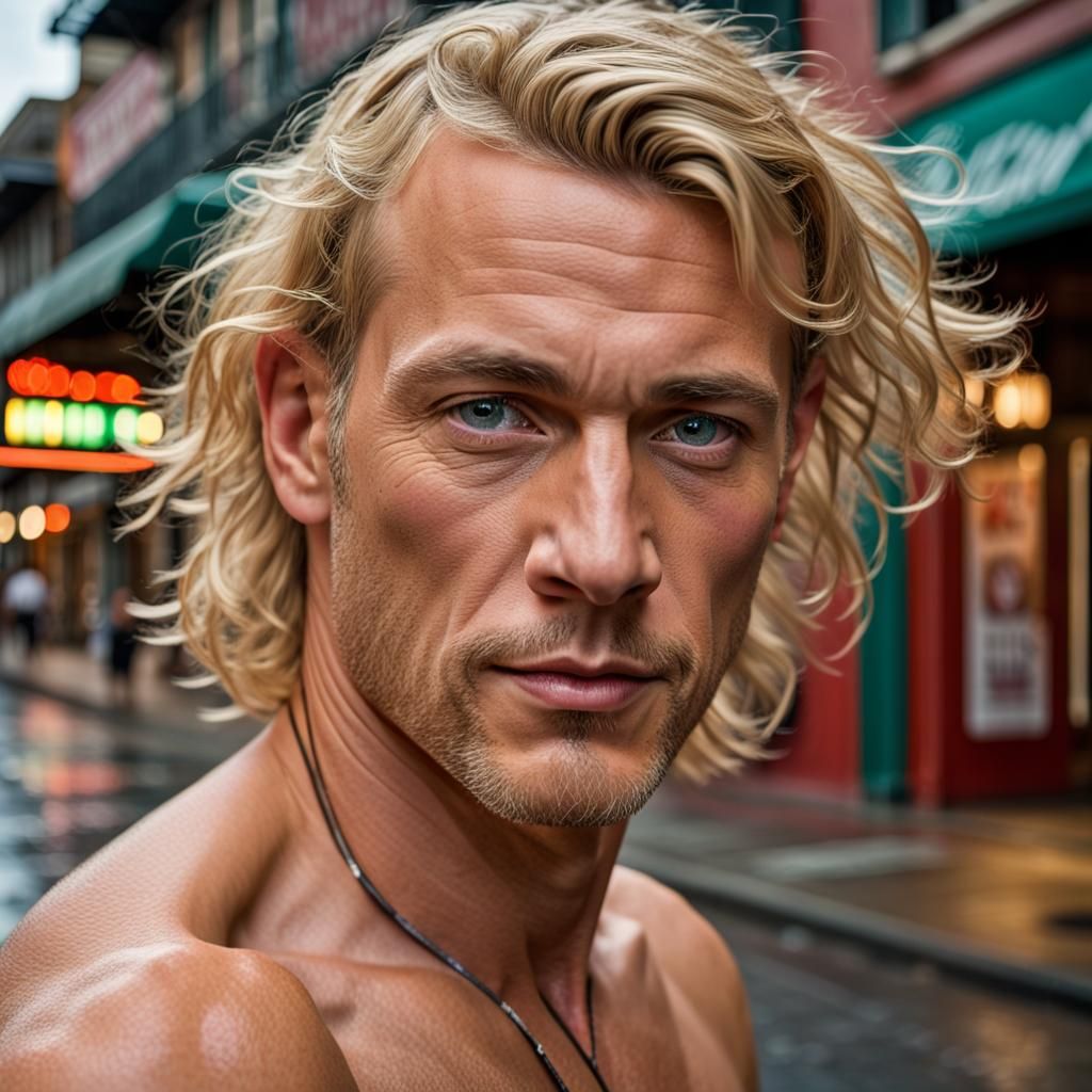UHD HDR photo of a hot, blonde, shirtless hustler on the corner of Bourbon Street.
