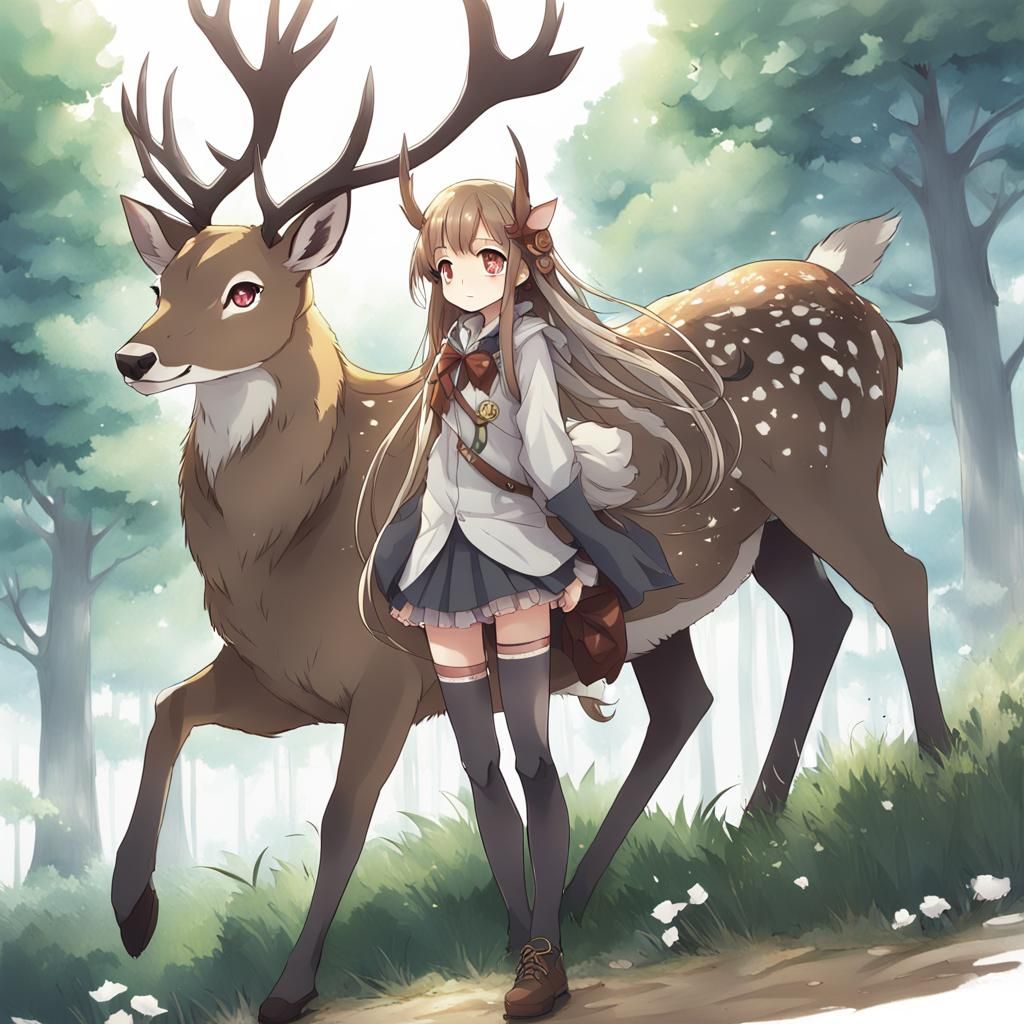 Anime Deer Girl Full Body Illustration