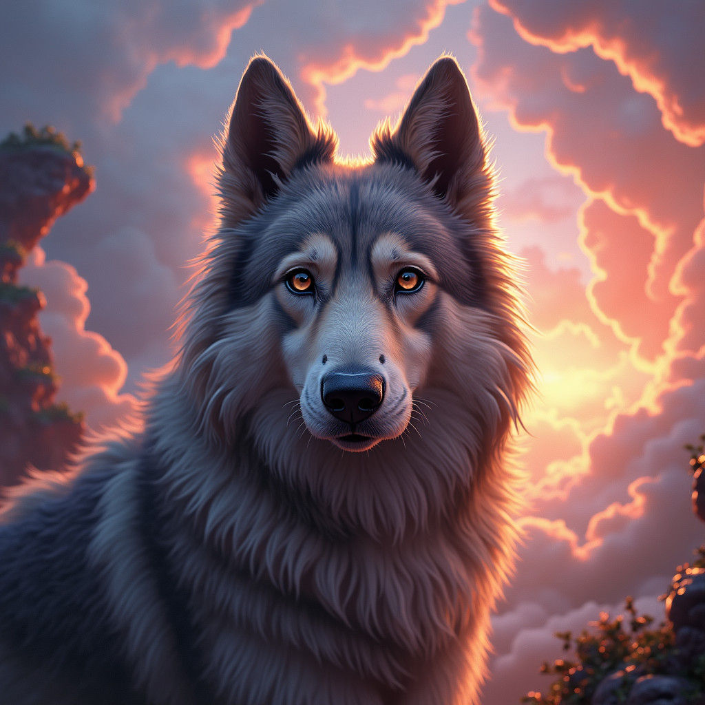 Majestic Hyper-Realistic Dog in Fantasy Landscape