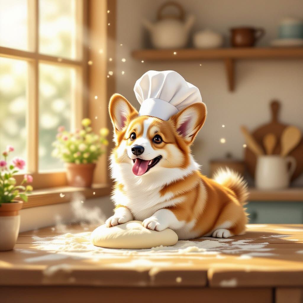 Adorable Corgi Chef Kneading Dough in Sunny Kitchen