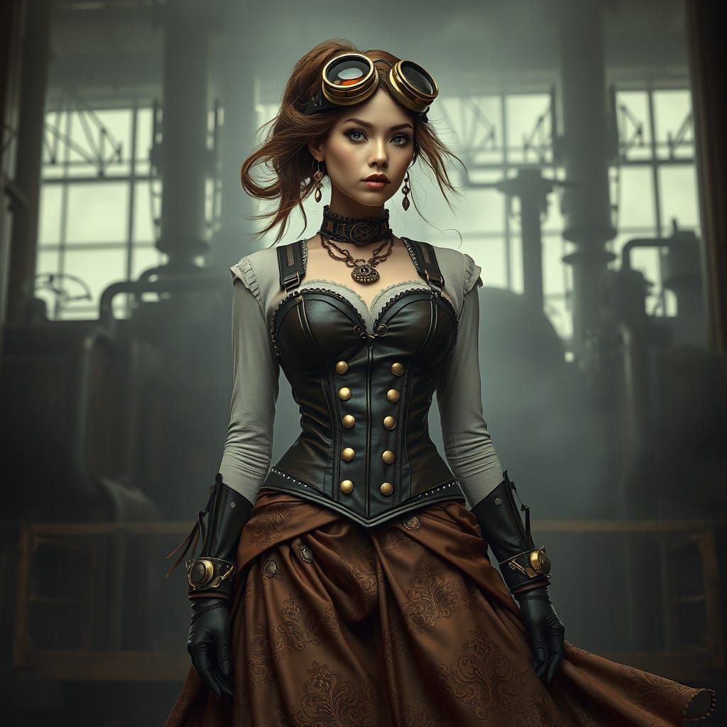 Steampunk Siren in a Smoky Industrial Haze