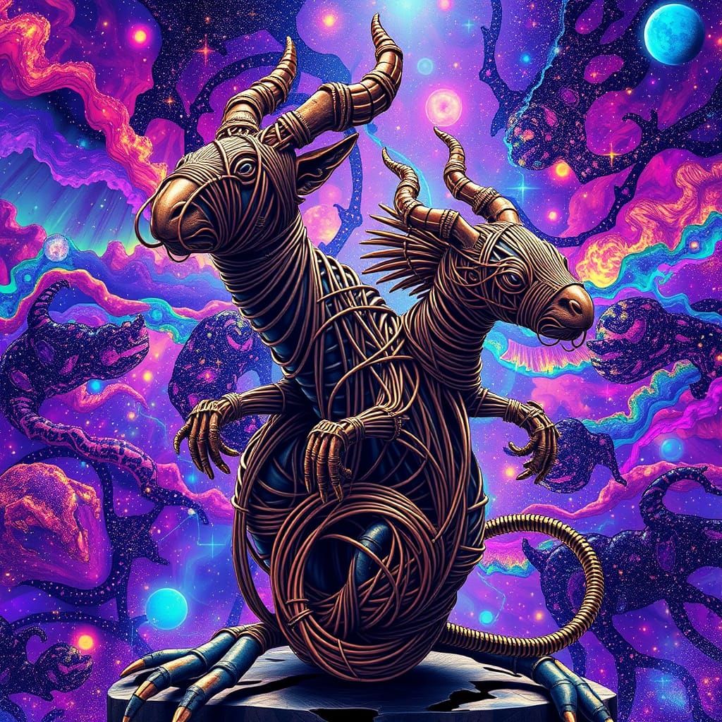 Intricate Wire-Wrapped Animal Sculptures in Holographic Astr...