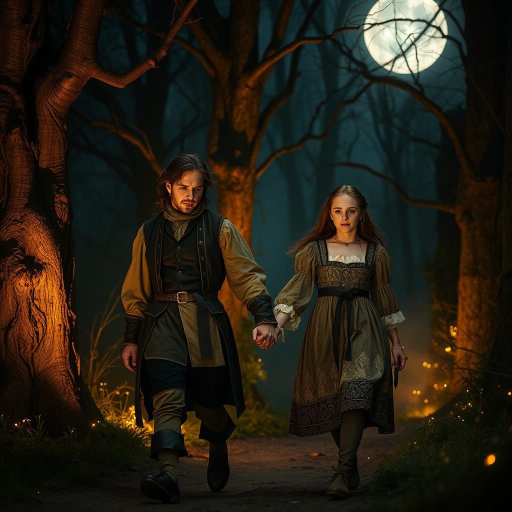 Hansel and Gretel in a Moonlit Renaissance Forest