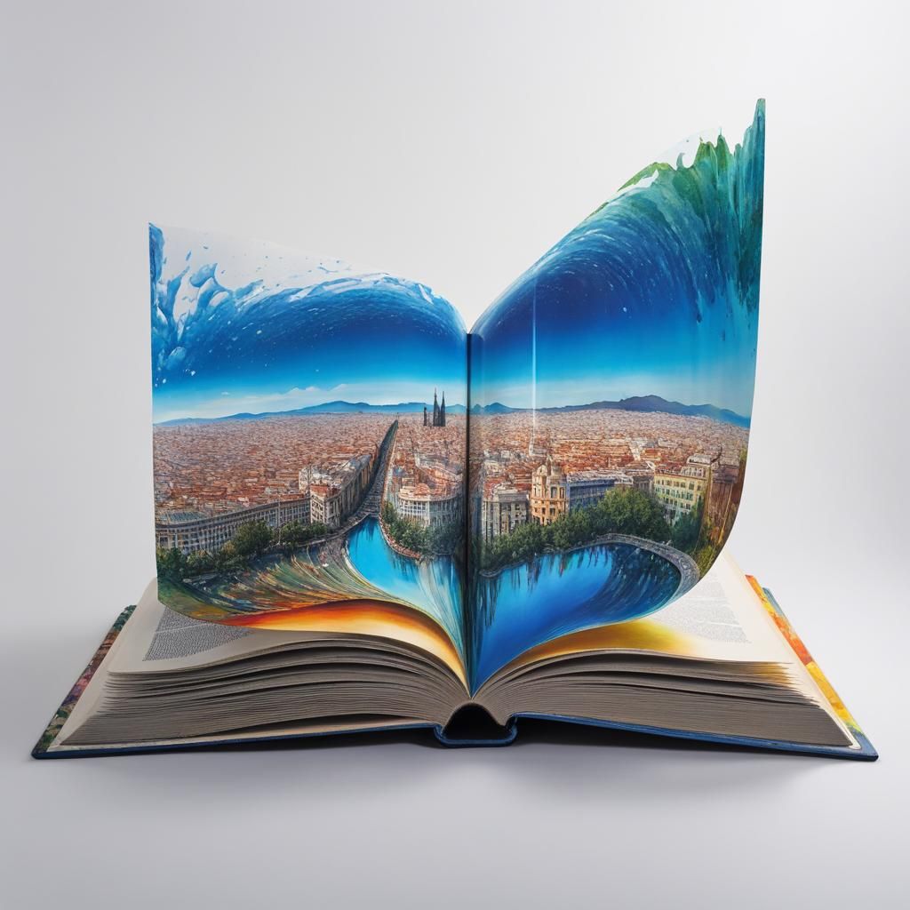 Barcelona Panorama in Double Exposure Gouache Watercolor