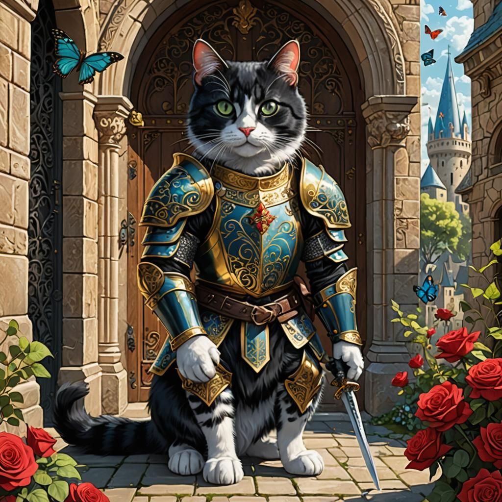 Armored Cat Knight in Fantasy Cityscape