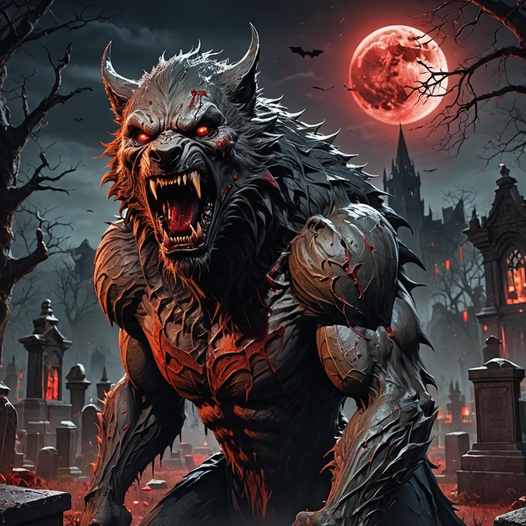 Fierce Werewolf with Bloody Fangs in Graveyard Scene