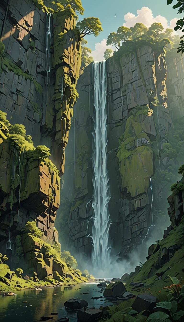 Lush Waterfall Landscape in Science Fiction Style