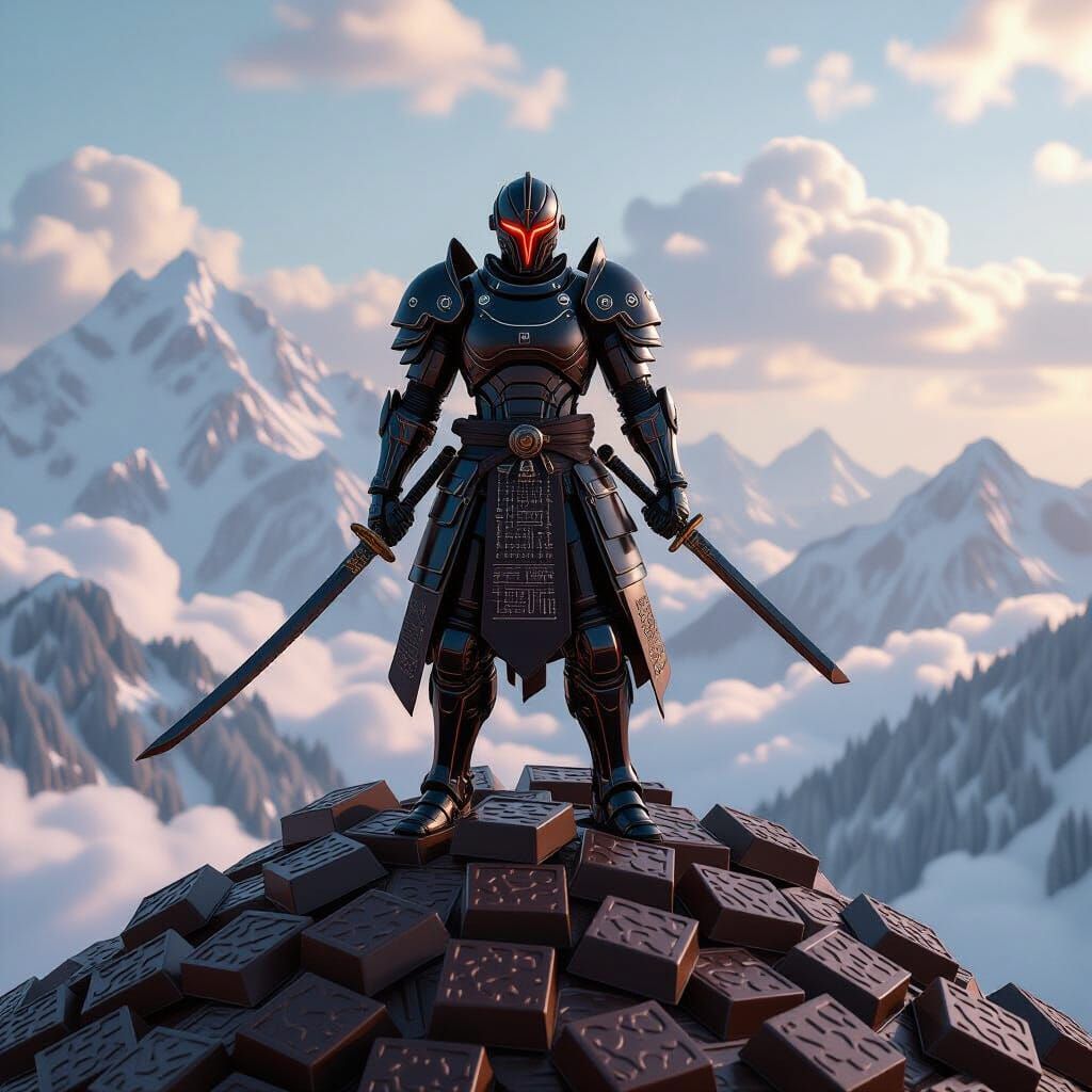 Chocolate Cyborg Samurai in Candy Landscape: 3D Cinematic