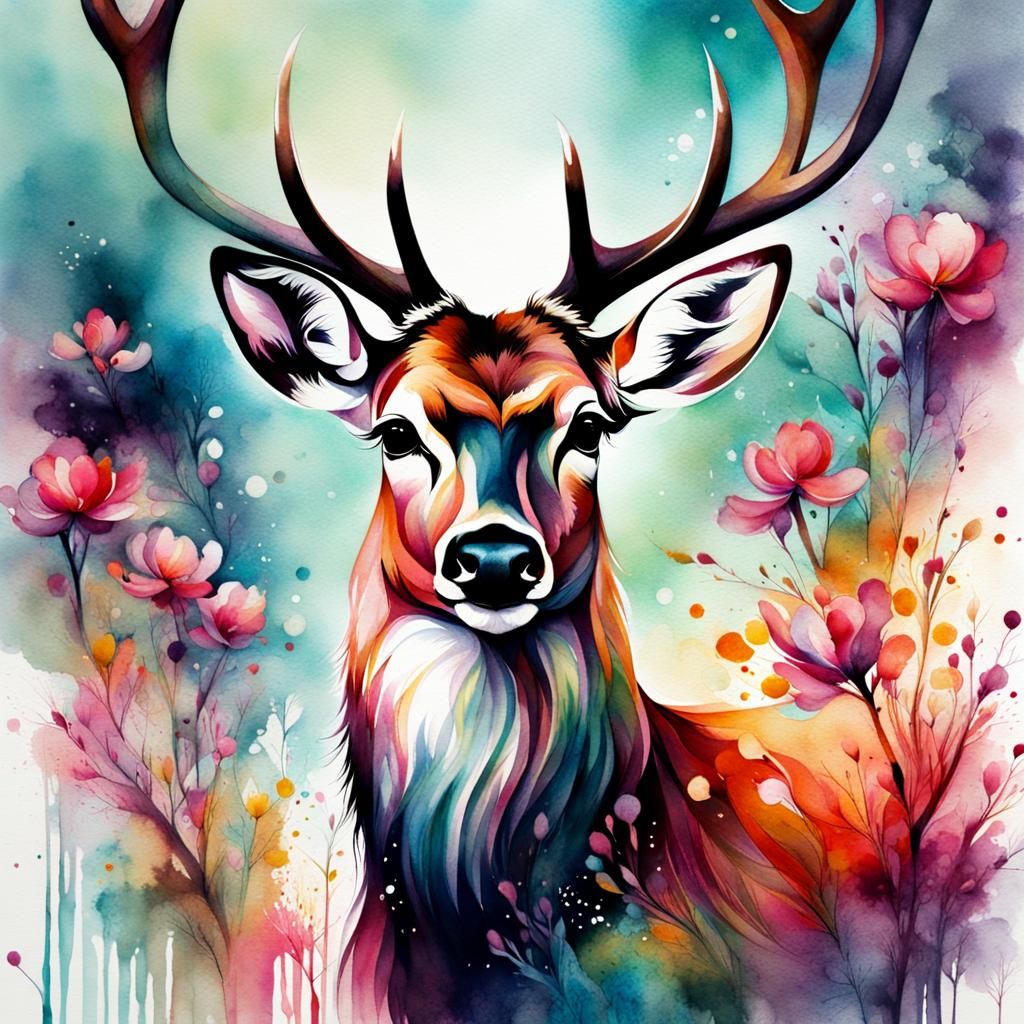 Deer in Spring: Colorful Drip Art with Blossoms