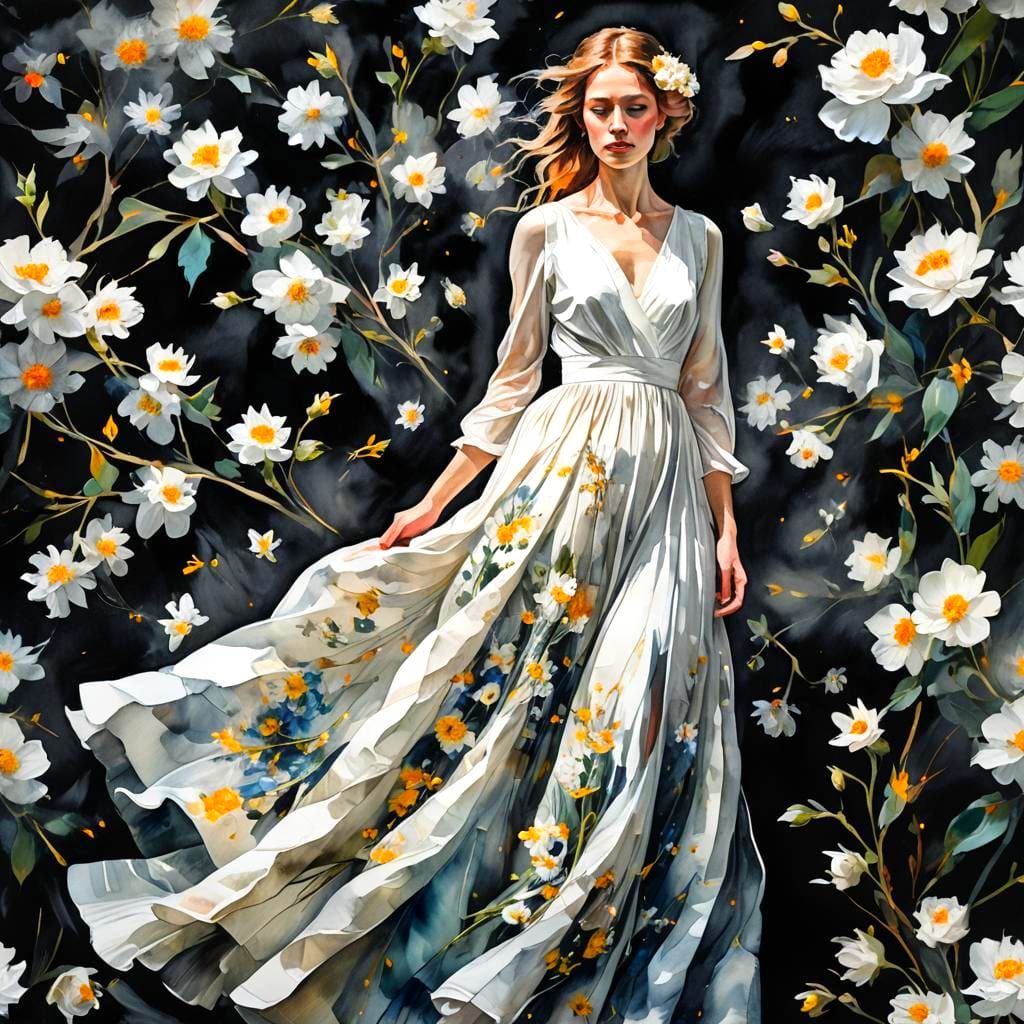 Watercolor Double Exposure Portrait of Woman