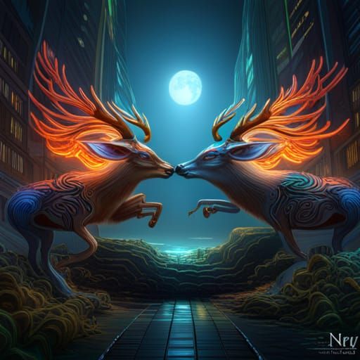 Biomechanical Cyberpunk Deer Fight: Hyperrealistic Fantasy A...