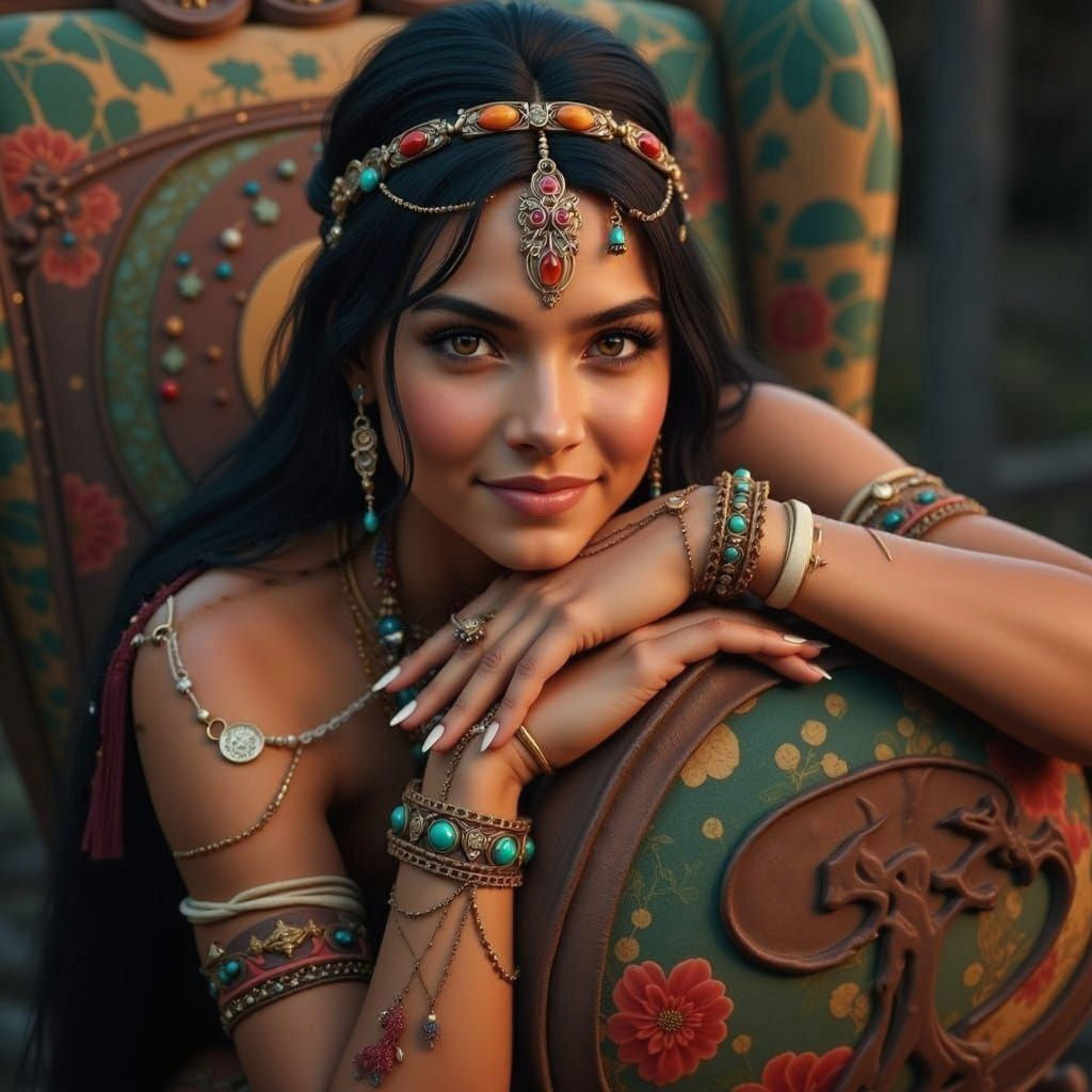 Pocahontas in Vibrant Fantasy Garb, Deep Color Palette