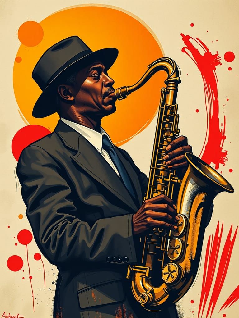 Passionate Saxophonist Silhouette in Vintage Jazz Style