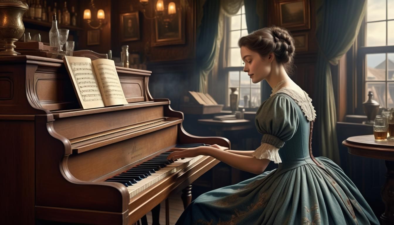 Victorian Lady Plays Piano: Detailed Digital Painting
