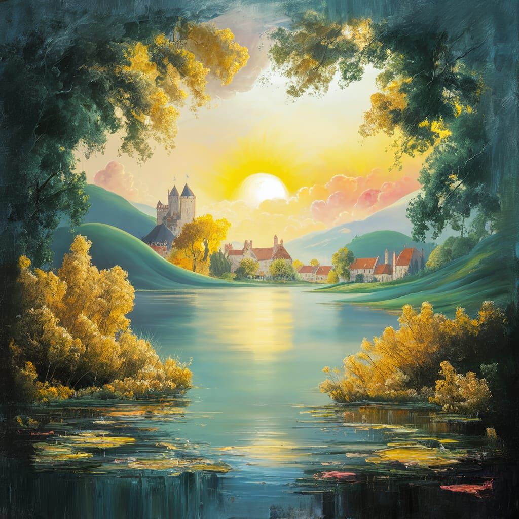 Impressionist Masterpiece: Sunrise over Tranquil Lake and Ro...