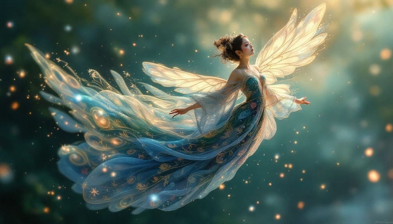 Ethereal Asian Peacock Fairy in Art Nouveau Style
