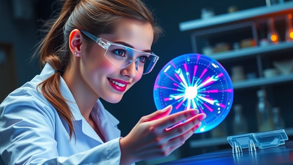 Young Scientist Studies Plasma Orb with Futuristic Lighting