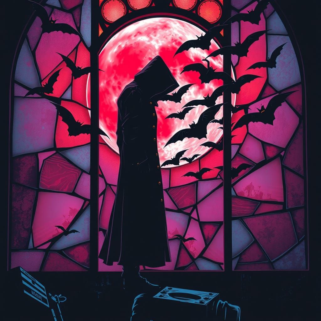 Lone Figure Under Blood Moon Stained Glass Art