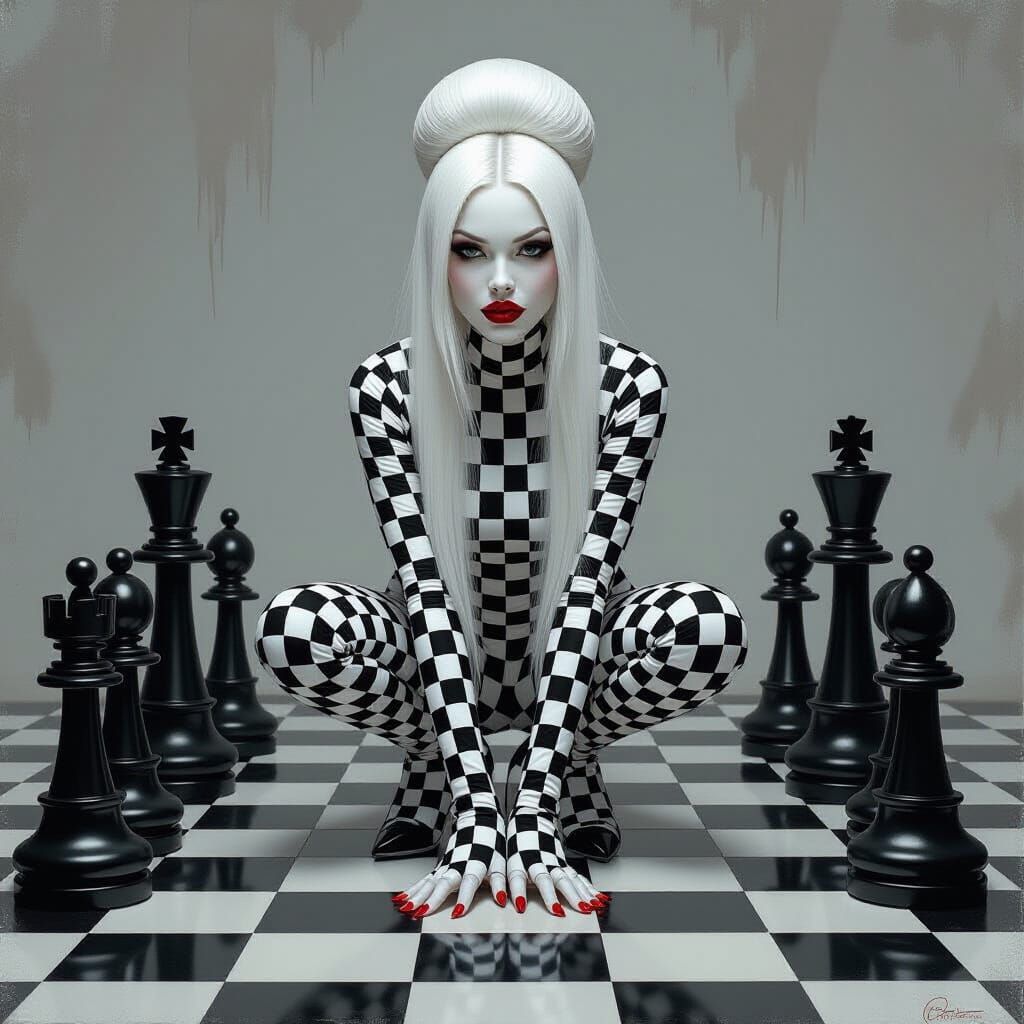 Surreal Checkered Figure in Gothic Pen and Ink Style