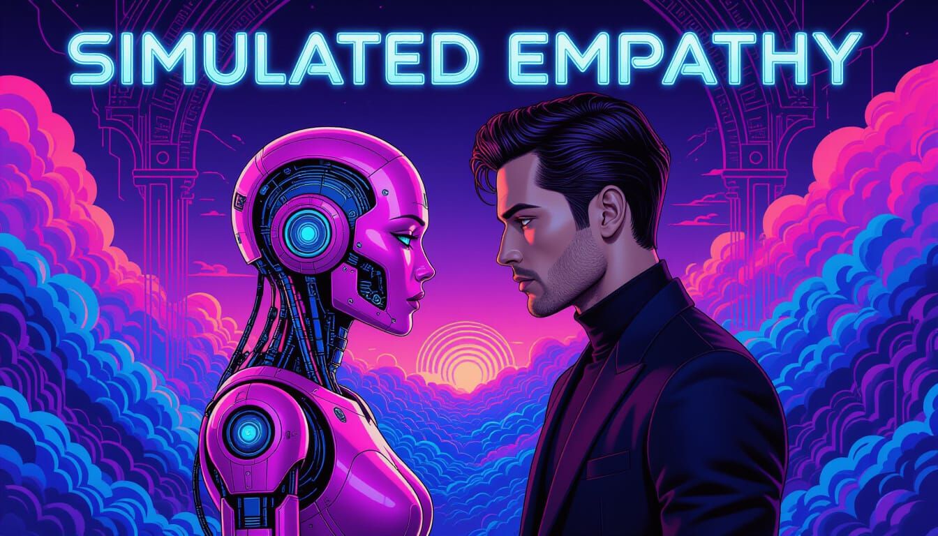 Man and Robot Gaze in Dystopian Cyberpunk Cityscape